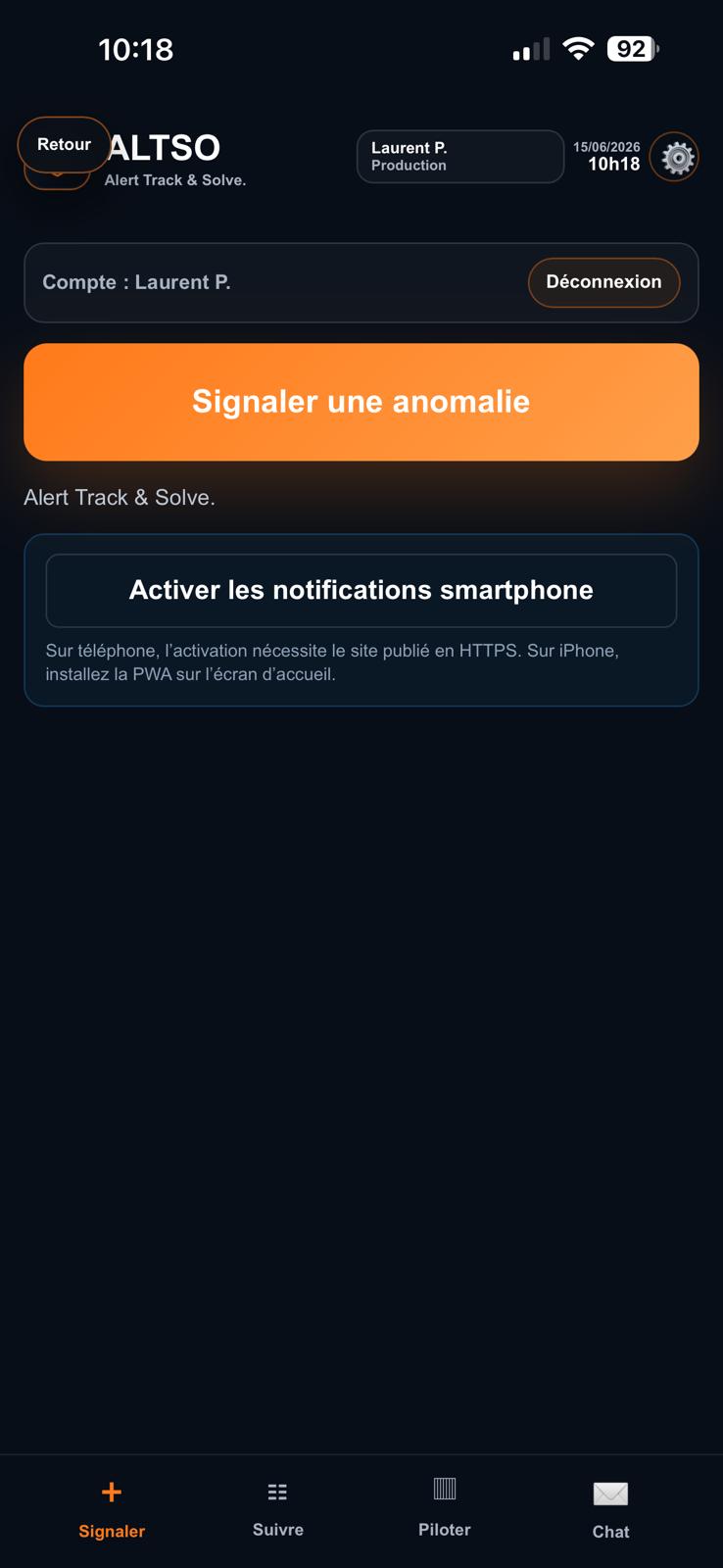 Capture ALTSO de l'accueil avec le bouton Signaler une anomalie.