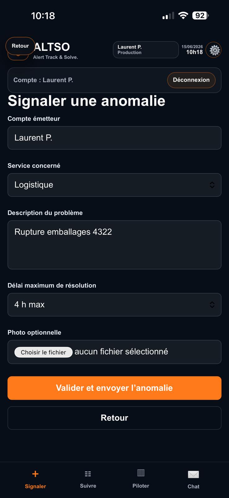 Capture ALTSO du formulaire de signalement d'une anomalie.