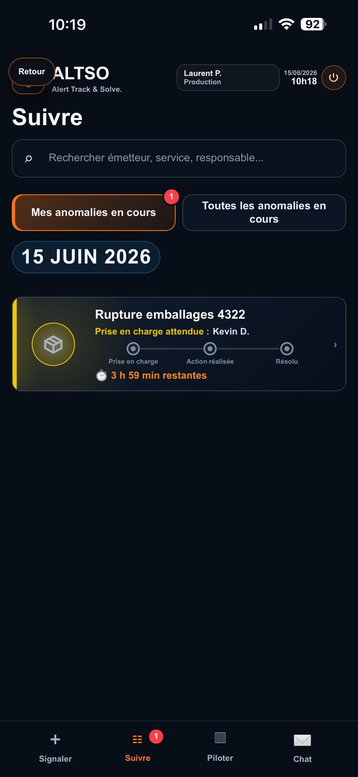 Capture ALTSO de l'anomalie cr&eacute;&eacute;e dans la page Suivre.