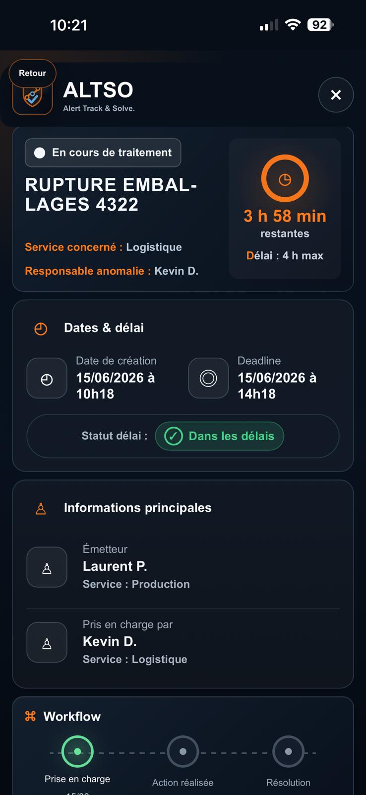 Capture ALTSO du workflow apr&egrave;s prise en charge.