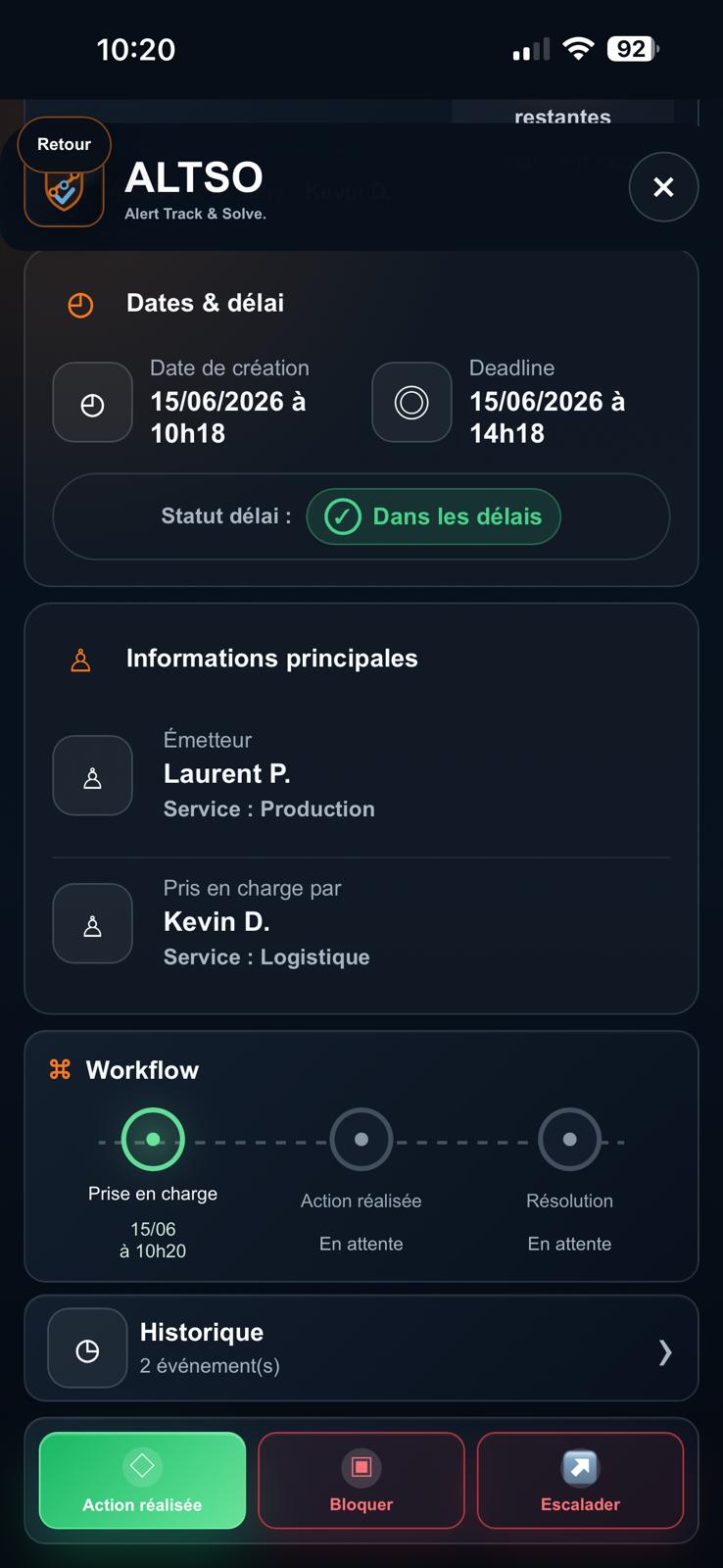 Capture ALTSO des actions disponibles sur une anomalie prise en charge.