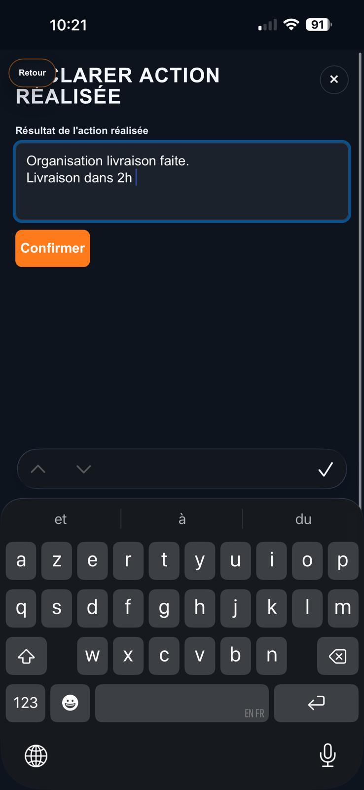 Capture ALTSO de la d&eacute;claration d'une action r&eacute;alis&eacute;e.