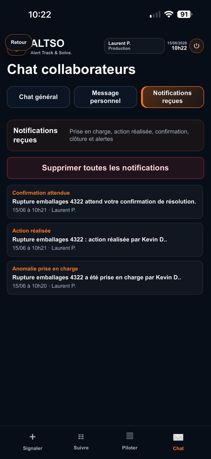 Capture ALTSO des notifications re&ccedil;ues par l'&eacute;metteur.