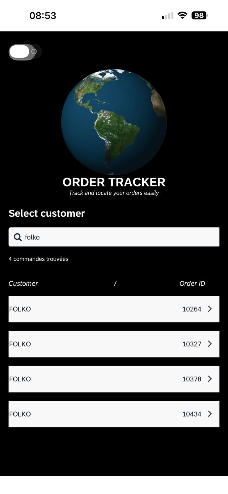 Interface Order Tracker - page d&rsquo;accueil avec résultats de recherche