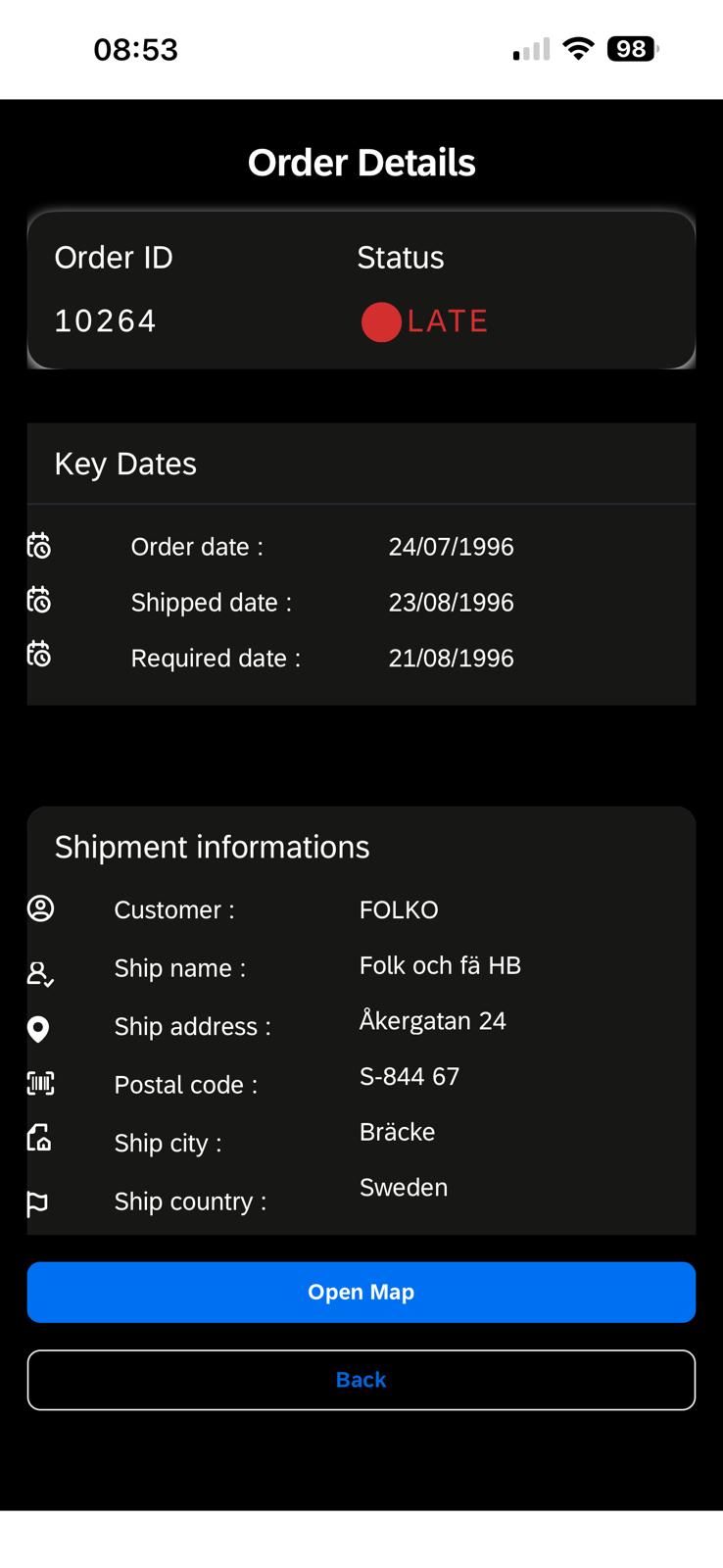 Interface Order Tracker - page détail avec statut Late