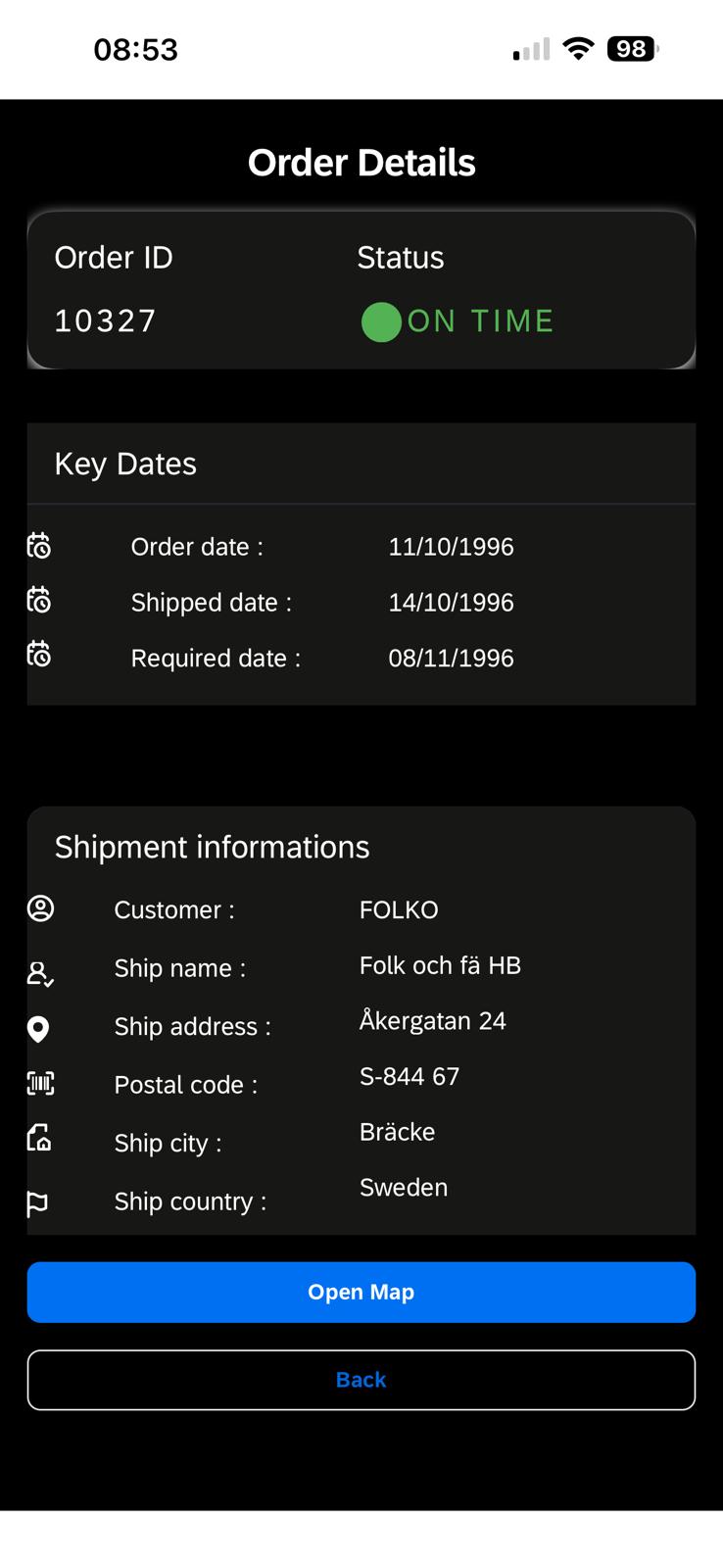 Interface Order Tracker - page détail avec statut On time