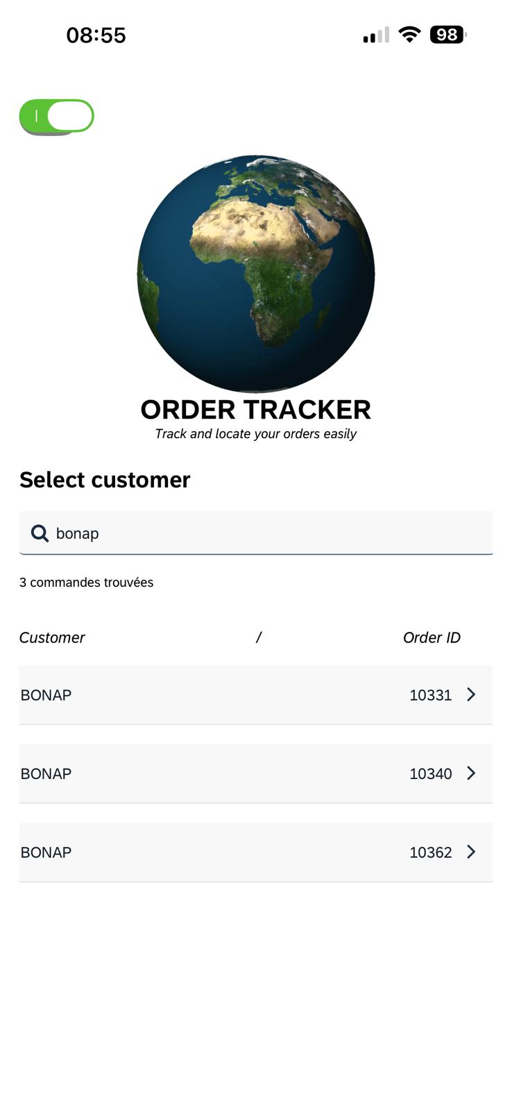 Page d&rsquo;accueil Order Tracker en light mode