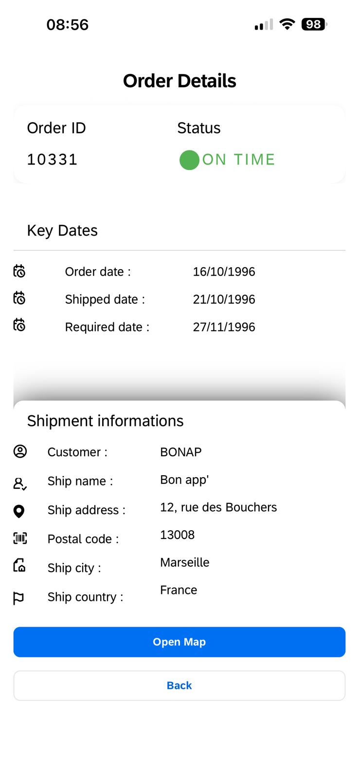 Page détail Order Tracker en light mode
