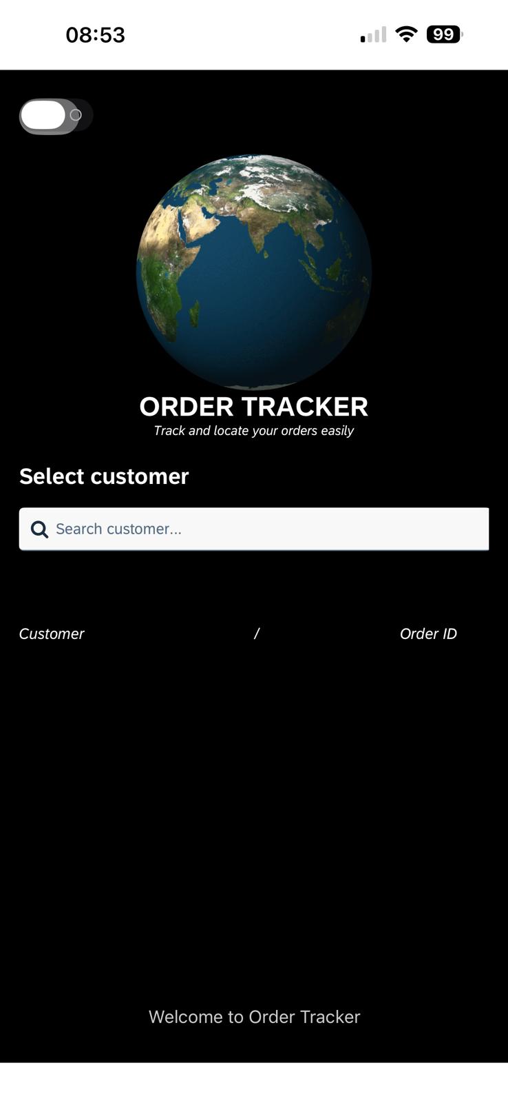 Interface Order Tracker - page d&rsquo;accueil avant recherche
